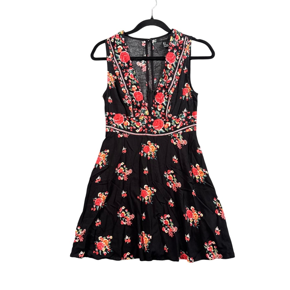 Cottagecore Floral Mini Dress Black Red Boho Romantic V Neck Summer